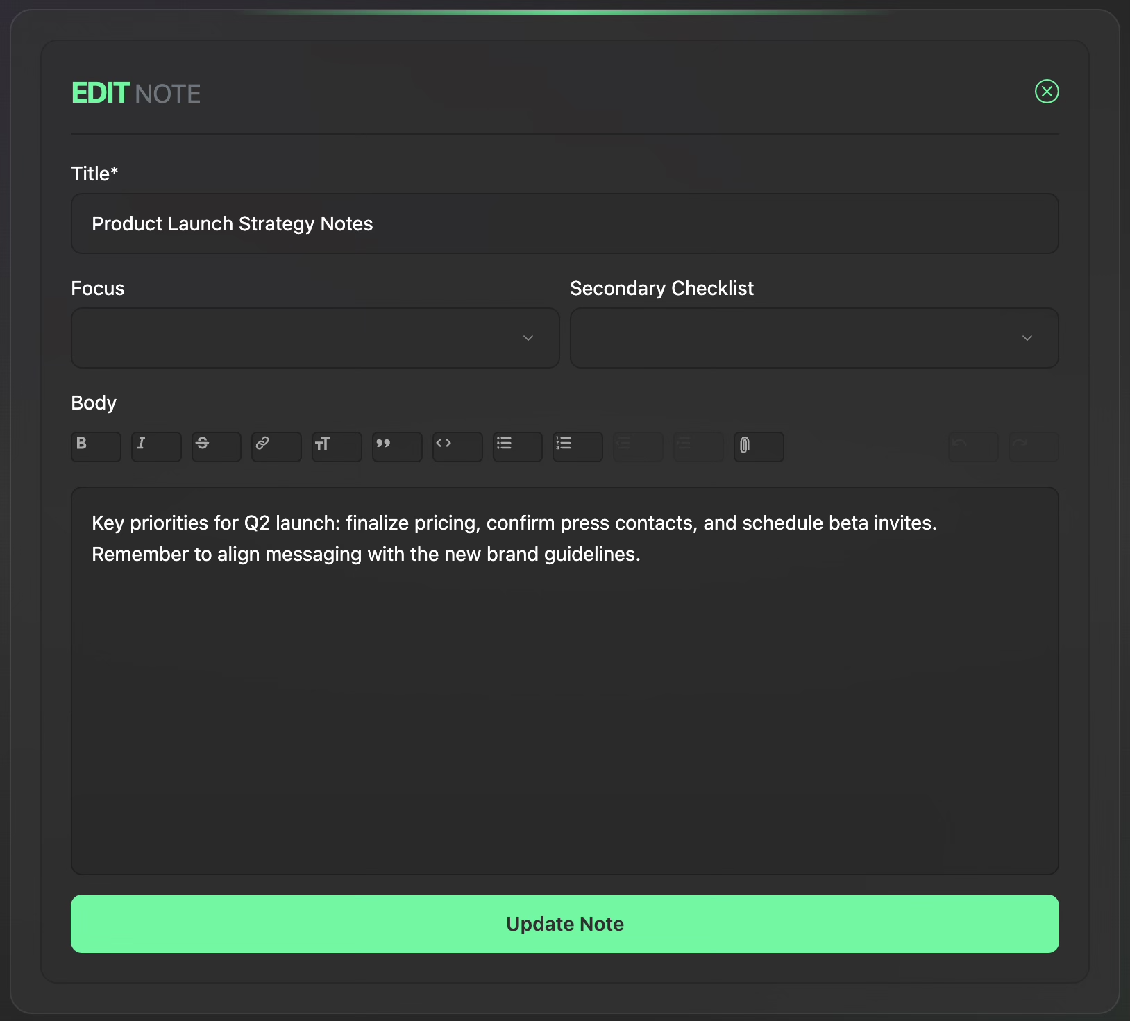 Note modal with rich text editor