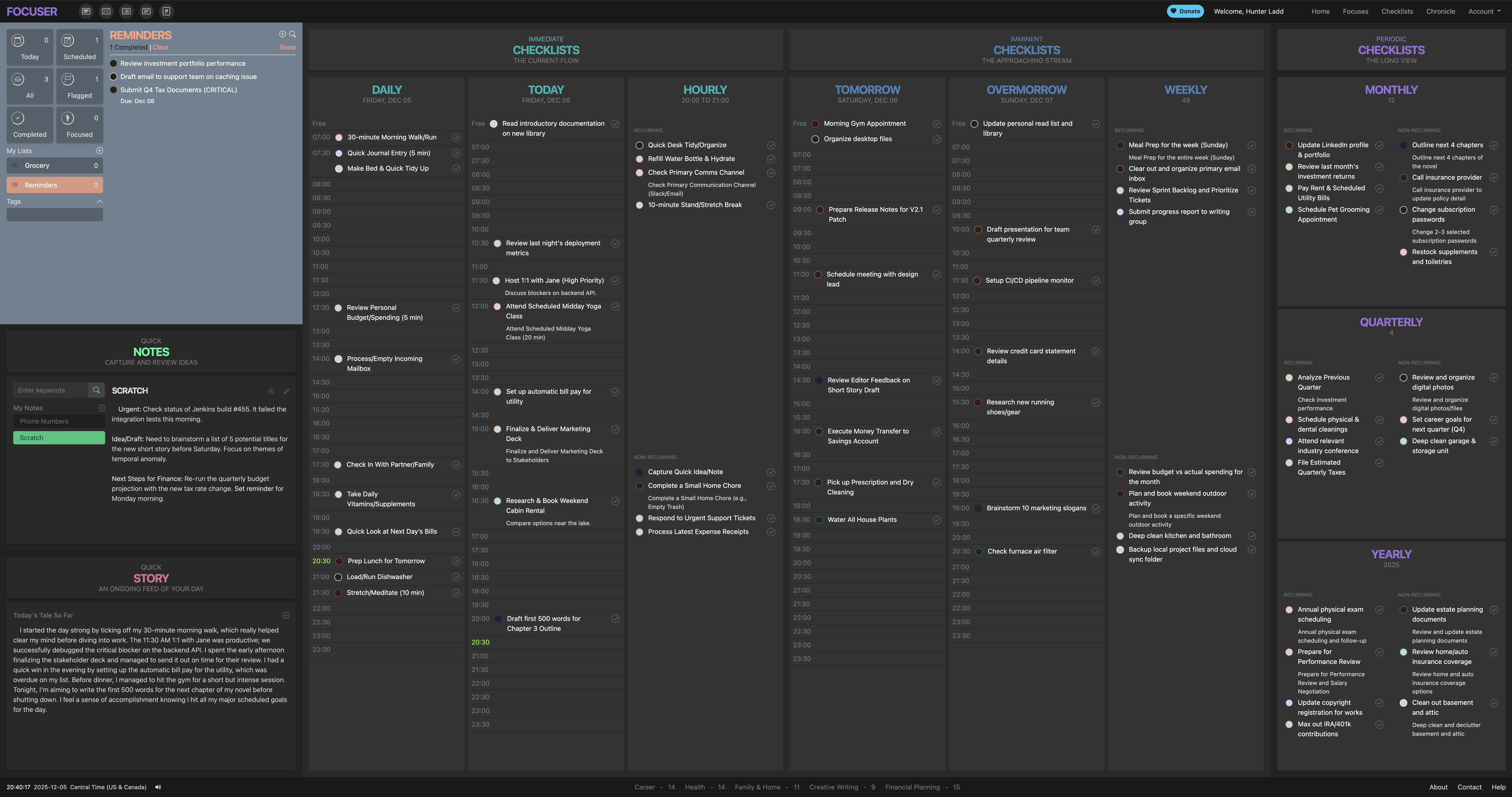 Focuser app dashboard showing checklists for daily, weekly, and long-term goals